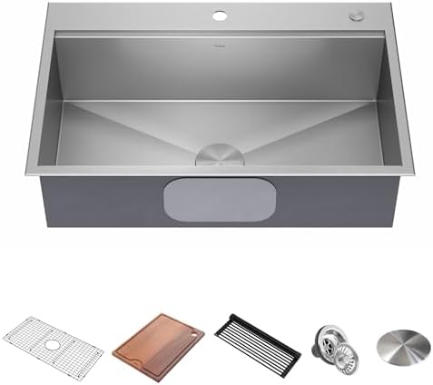 KRAUS Kore 33-in Drop-In Workstation 16 Gauge Stainless Steel Single Bowl Kitchen Sink with Accessories
