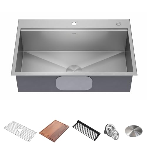 KRAUS Kore 33-in Drop-In Workstation 16 Gauge Stainless Steel Single Bowl Kitchen Sink with Accessories
