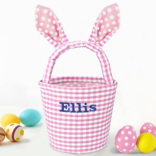 Personalized Easter Basket, Eremovd Easter Baskets for Kids, Bunny Easter Basket, Easter Egg Hunt Basket, Idea Easter Gifts, Easter Egg Basket - Bunny Pink Grid Basket