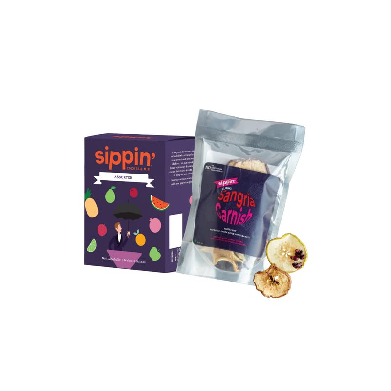 SIPPIN Non Alcoholic Assorted Cocktail Mix with Sangria Garnish - 8 Drink Pack (Sangria, Mojito, Orange Cinnamon, Watermelon, Pina Colada) Fruit Cocktail Drink Mixer, Variety Pack