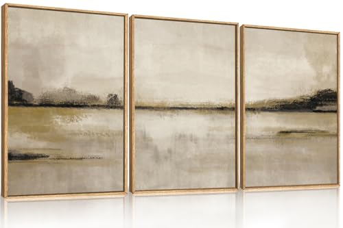 Image of KAIRNE Neutral Abstrcat Landscape Framed Canvas Wall Art Set, Retro Mountain Lake Wall Decor, Vintage Tan Scenery Art Prints, Modern Nature Artwork for Living Room,Bedroom,Farmhouse,Office-16 x24 x3