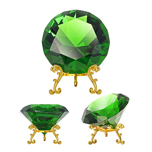 SWTHONY 80mm(3.15 inch) Green Crystal Diamond Paperweight Diamond Backgrand for Nail Pictures Hedgehog Chaos Emerald Big Fake Diamond with Gold Metal Base (Green 80mm)