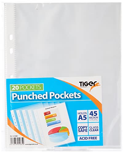 Tiger A5 strong transparent poly punched pockets x 20 sleeves/wallets