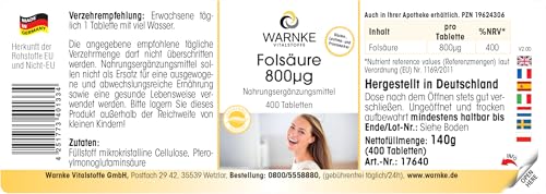 Folsäure 800μg - 400 Tabletten - 800μg pro Tablette - Kinderwunsch und Schwangerschaft - Deutsche Apothekenqualität - hochdosiert - vegan | Warnke Vitalstoffe