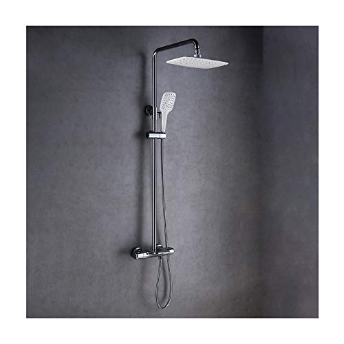 サーモスタットレインシャワーシステム 滝型シャワー蛇口セット 壁掛けシャワーコンボセット 真鍮レインミキサーシャワー(浴槽用蛇口付き)、3モードハンドヘルドシャワー,Chrome