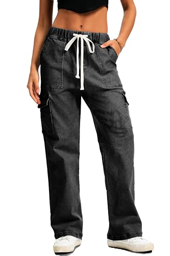 HVEPUO Womens High Waisted Cargo Pants Y2K Baggy Straight Leg Stretchy Jeans for Women Streetwear Trousers Pants 6 Pockets Black M