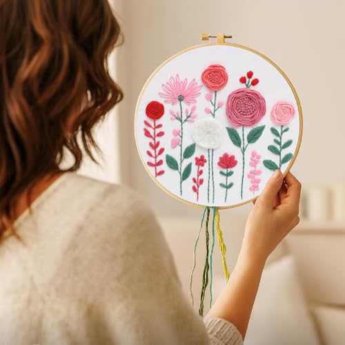 Image of Nuberlic Embroidery Kit for Beginners -Floral Easy Embroidery Kits for Adults Starter Cross Stitch Kit DIY Needlepoint with Step-by-Step Instruction