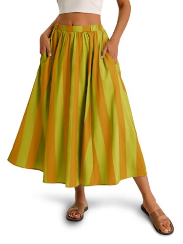 Image of Cicy Bell Womens Summer Striped Maxi Skirts A-Line Beach Vacation Outfits | Elastic Waist, Side Pockets, Flowy, Midi Length, Color Contrast, Trendy Casual