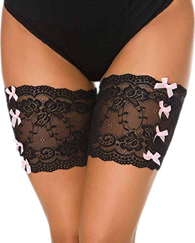 heekpek Elastic Lace Thigh Stockings Bandas de Encaje con Lindo Nudo de Proa Thigh Bands Anti Ferture Banda De Silicona Calcetines Antideslizantes de Silicona (Negro, D muslo: 63-68cm(25