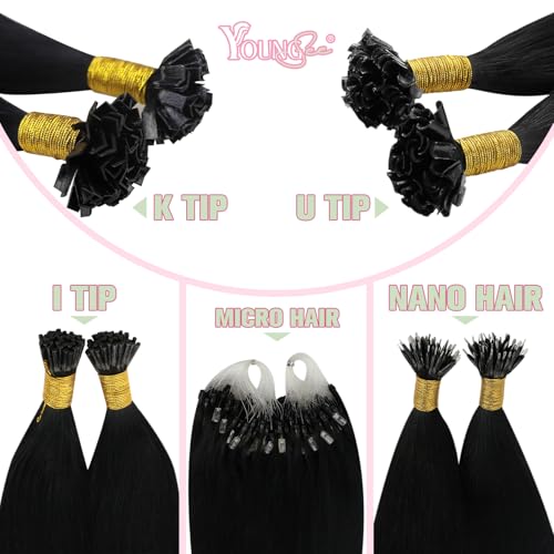 Image of YoungSee Keratin Hair Extensions Ktip Jet Black 20inch Remy Hair Extensions K Tip Jet Black K Tips Hair Extensions Real Human Hair Jet Black Fusion Hair Extensions Human Hair Remy 50s /50g