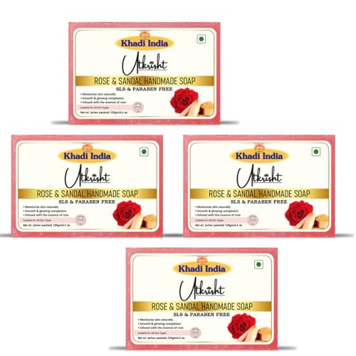 Image of Khadi Rose & Sandal Handmade Bathing Soap Bar 125g (Pack of 4) | Natural & Herbal | Glowing, Hydrating & Brightening Skin | For Acne & Blemishes | All Skin Types | For Men & Women