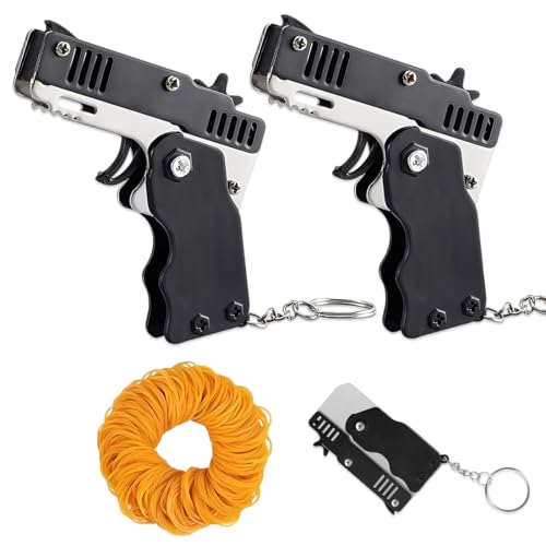 YUVKIN 2 pcs Mini-Gummibandpistole aus Metall, klappbar, 6-Schuss mit Schlüsselanhänger und 120 Gummibändern, Metal Folding Schlüsselbund für Outdoor-Aktivitäten für Kinder
