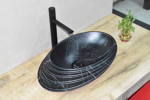 Image of InArt Designer Ceramic Wash Basin /Vessel Sink /Over or Above Counter Top Wash Basin for Bathroom Oval Black Matt Marble Pattern 20 x 15 x 6 Inch