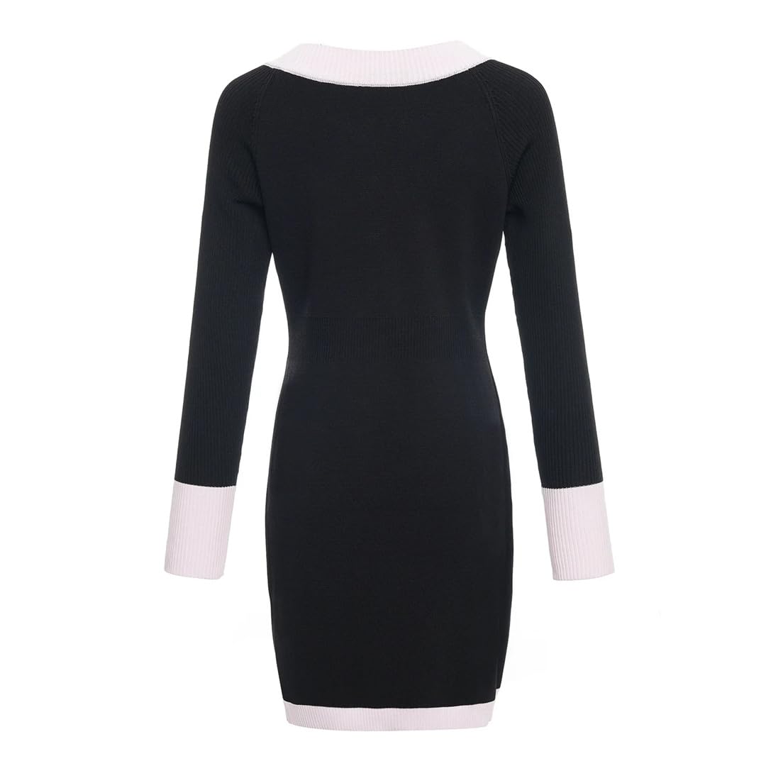 Vestido corto de punto para mujer, manga larga, ajustado, ajustado, para fiesta, color en contraste