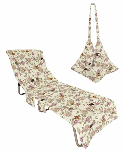 Beige Floral Beach Chair Towel Covers for Chaise Lounge with Side Pocket, Soft Plush Pool Towels Cover for Patio Sunbathing Outdoor 29''x85'' Retro Botanical Romantic Leaves Garden Herb