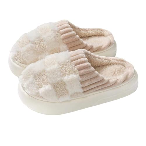 Checkered Slipper House Slippers for Women Men Plush Warm Fuzzy Slippers Flyffy Bedroom Shoes, Slip On Indoor Outdoor Fall Winter Comfortable Plaid Thick Bottom Slipper - Main Image