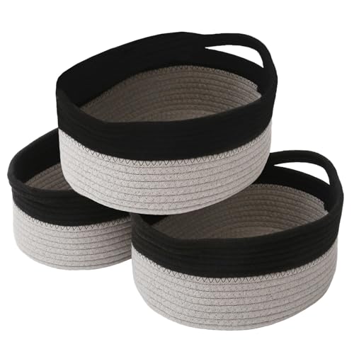 Image of JMvicyroam Small Woven Basket, Empty Gift Basket, Black&Grey /3 Pack | Small Gift Basket, Cotton Rope, 12 x 8 x 80 in, Handles, Includes Ribbon and Bag, Birthday Gift Basket