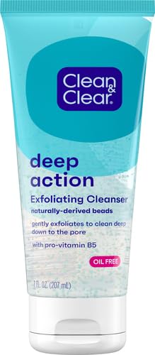 Image of Clean&Clear Deep Action Exfoliating Facial Cleanser,Scrub&Face Wash,Pro-Vitamin B5,Lactic &Glycolic Acids,Oil-Free Gentle Daily Exfoliator for Soft,Smooth,Hydrated Skin,Vegan,7 Fl Oz Tube (Pack of 12)