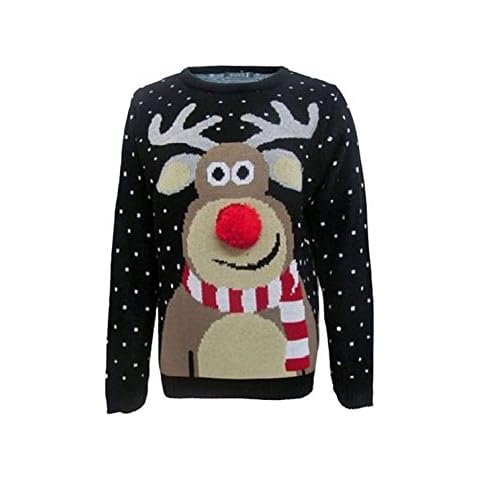 Girlzwalk Unisex Girls Boys Rudolph Knitted Pom Pom Xmas Jumper Black Cover