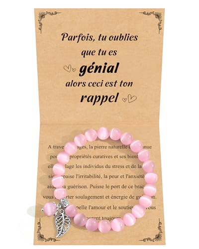 CheersLife Cadeau Femme - Cadeau Fille 7 8 9 10 11 12 ans,Cadeaux Anniversaire Femme, Cadeaux Noel Fille, Bracelet Pierre Naturelle pour Maman Sœur Amie Collègues (Pierre Oeil de Chat Rose)