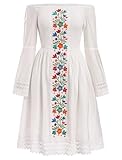 Mexican Dress for Women Floral Embroidered Dress Off Shoulder Short Dress Summer Cinco de Mayo Party Dresses Vacation Long Bell Sleeve Flowy Dress Ropa de Mujer Mexicana White L