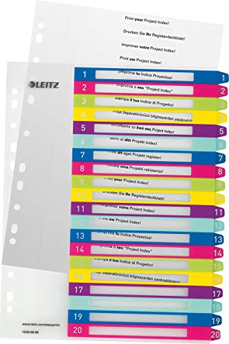 Leitz Register für A4, 6er Pack, PC-beschriftbares Deckblatt und 20 Trennblätter, Taben mit Zahlenaufdruck 1-20, Überbreite, Mehrfarbig, Polypropylen, WOW, 12450000