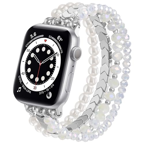 Image of MOFREE Beaded Bracelet Compatible with Apple Watch Band 38mm /40mm /41mm /42mm, Fashion Elastic Stretch Women Bands for iWatch Series 11 /10 /9 /8 /7 /SE /6 /5 /4 /3 /2 /1 iPhone Watch Strap Bands (White /Yellow)