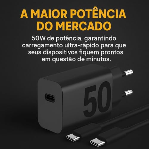 Carregador Premium Fast Turbo Rápido 50W Tipo C USB-C Power Delivery Quick Charge Bivolt Com Cabo Compatível iPhone 15, 16, Android Entrada Tipo C Carga Ultra Rápida Tomada Celular Original - Imagem 2
