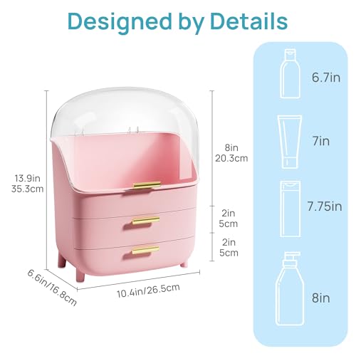 Image of Vtopmart 3-Tier Skincare Makeup Organizer with Lids, Pink | With Drawers and Lid, For Vanity and Bathroom Countertop, Large Cosmetic Storage Box Case for Dresser, With Non-Slip Base