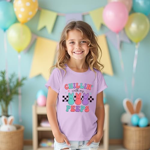 Image of CM C&M WODRO Kid Girl Funny Easter Bunny T Shirt Chillin' with My Peeps Letter Printed Shirt Short Sleeve Tee Tops