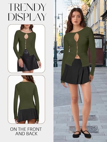Image of Ribbed Long Sleeve Tops for Women Cut Out Ribbed Knit Crewneck Sweater Fall Slim Fit Going Out Top
