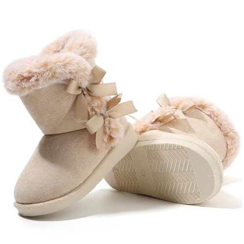 Femizee Girls Suede Mid-Calf Winter Boots Pull-On Faux Fur Trim 2 Side Ribbon Bows Lightweight Everyday School Warm Snow Booties Size 7 Toddler 1968 Khaki