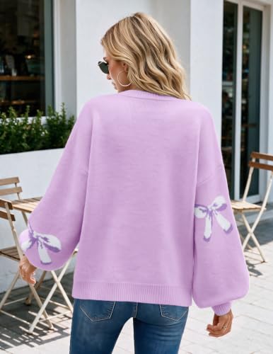Image of Libsorge Womens Oversized Cute Bows Crewneck Pullover Sweater | Fall Winter Trendy Long Shoulder Balloon Sleeve Cozy Knit Baggy Printed Dressy Casual Valentines Day Vintage Sweaters