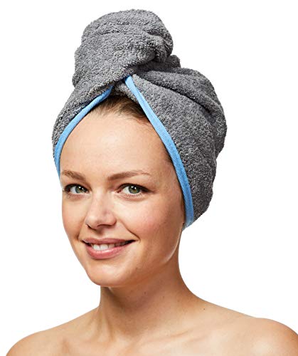 Sowel® Turbante de pelo 100% algodón orgánico, certificado GOTS, toalla turbante con botón, para mujer, gris/azul Cover