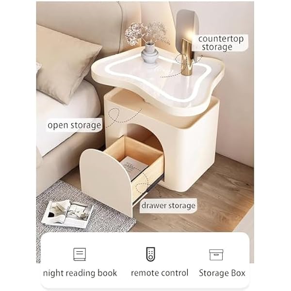 Nachtkastje met 1 lade, led-bijzettafels, slim creatief cloud-nachtkastje met 2 USB-poorten en draadloos opladen, nachtkastje