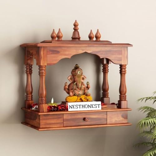 Image of Wall Mounted Solid Sheesham Wood Puja Mandir for Home Solid Wooden Temple for Puja Room with 1 Drawer Storage Pooja Ghar Wooden Furniture for Pooja Room Sheesham Wood, Honey Finish