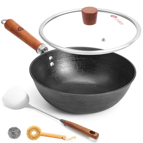WANGYUANJI 10.2 Inch Cast Iron Wok with Lid, Flat Bottom Small Stir-Fry Pan with Wooden Handle, Uncoated Cast Iron Skillet for Gas, Induction and Electric Stovetops