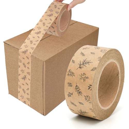 FYSUIMU 55 Yard Kraft Paper Packing Tape Botanical Leaves Brown Gift Wrapping Tapes Waterproof Shipping Tape for Small Business DIY Crafts Box Carton Decor