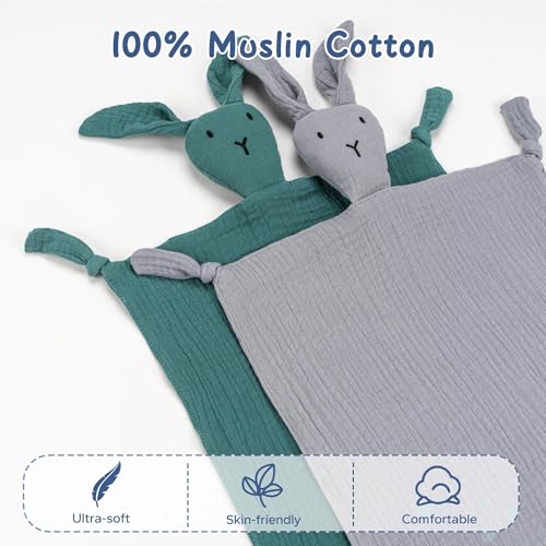 Image of ZIGJOY Bunny Lovey Muslin Cotton Baby Security Blanket Soft Breathable Lovies for Babies Gifts for Newborn Infant Toddler Boys and Girls, Grey & Blue