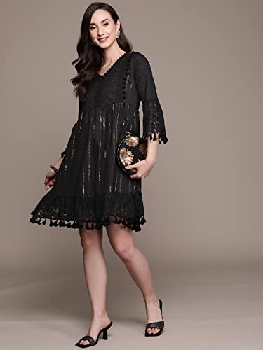 Image of Ishin Women's Cotton Above Knee Length A-Line Indo Western Dress