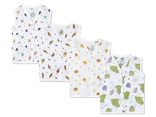 Image of The Boo Boo Club Unisex Baby Organic Cotton Fitted Baby Jhabla|Pack Of 4 Newborn Sleeveless Jabla|3 To 6 Months Infant Summer Wear|Soft & Breathable Muslin Fabric|Easy Button Closure Vest, White