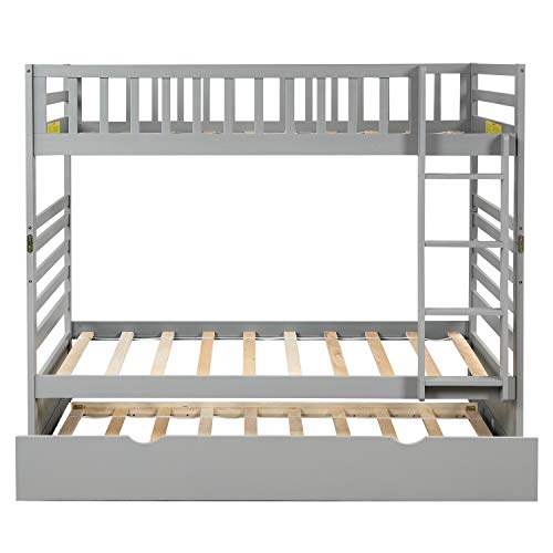 Solid Wood Bunk Beds with Trundle, Twin Over Twin Bed Frame with Ladder and Guardrail (Gray) - Thumbnail 7