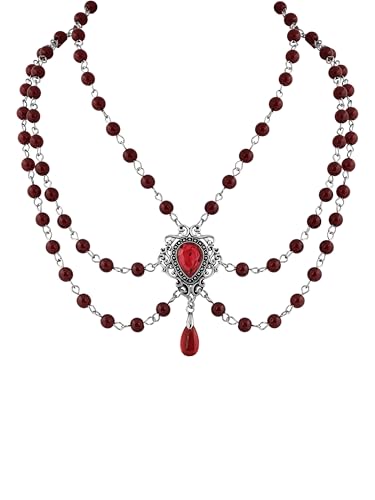 Sacina Layered Red Beaded Teardrop Choker, Gothic Vintage Necklace, Goth Jewelry, Christmas Jewelry Gift for Women