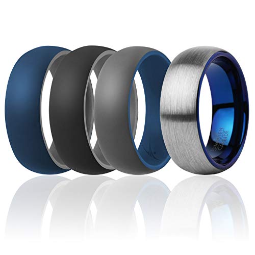 ROQ - 4 Pack - 3 Silicone & 1 Tungsten Carbide Wedding Rings for Men – Mens Silicone Ring for Work/Sport, Tungsten Band for Events - 8mm Dome Style - Navy Blue, Black, Grey - Size 7