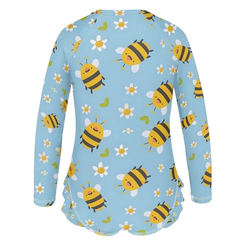 ALAZA Bee Flower Blue Cartoon Girls One Piece Swimsuit Long Sleeve Rash Guard Swimsuits UV 50+ Swimwear Zipper3