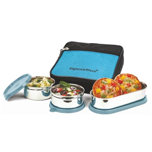 Image of SignoraWare Health Bite Stainless Steel Lunch Box | Airtight & Leakproof | Compact & Easy to Carry | Ideal for Meal Prep, Travel & Everyday Use (350ml x 2 + 650ml | Setof3 | EBlue)