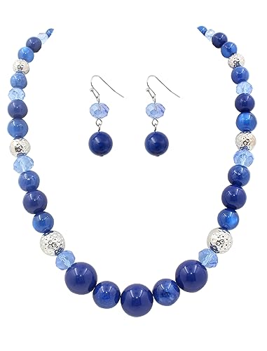 8-18mm Beads Necklace 18” Graduated Chunky Beaded Choker Necklaces with Earring Set for Women