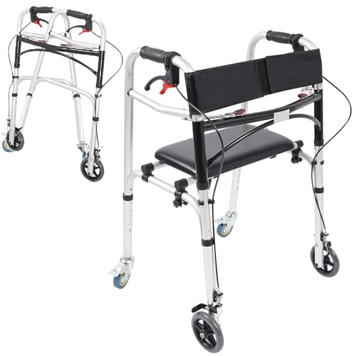 Height Adjustable Walkers for Seniors, Folding Walker with Detachable Seat, Stand Up Walker with Lockable Wheels, Medical Walking Mobility Aid, 440lbs Rolling Walker for Adult