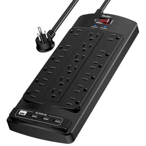 Image of Surge Protector Power Strip, Yintar 6 Feet Flat Plug Heavy Duty Extension Cord with 18 Widely Outlets and 4 USB Ports, 2100 Joules, ETL Listed, Black