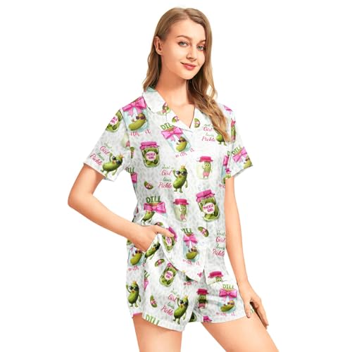 Image of Silk Satin Pajama Set for Women Summer Lounge Pjs Sets 2 Piece Suit Ladies Button Down Tops And Shorts Sleepwear